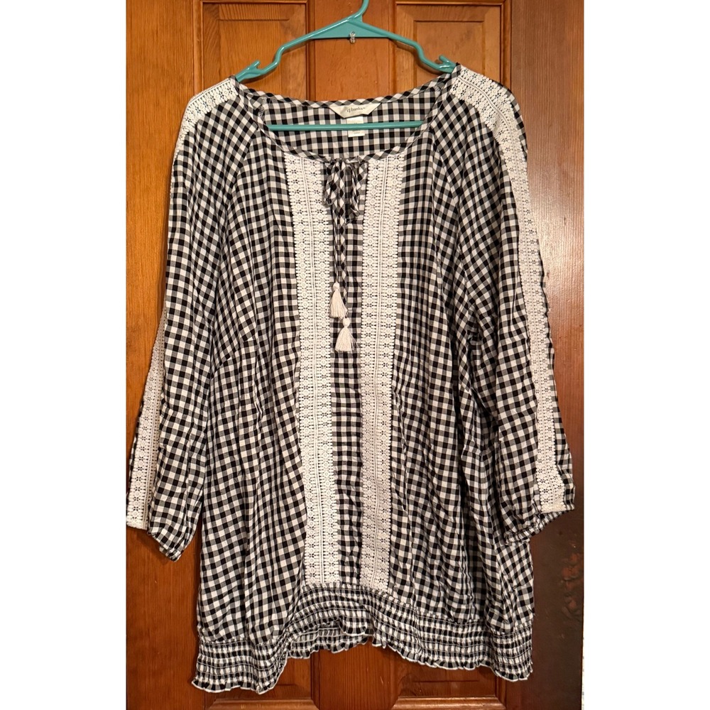 CJ Banks Gingham Crochet Lace Trim Smocked Hem Blouse Black White 1X